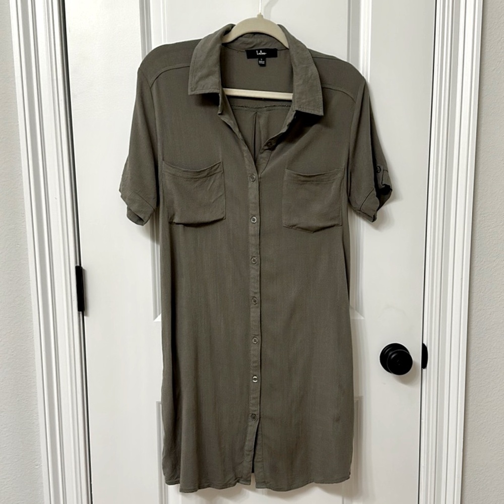 EUC/Like New - Lulus Oxford Comma Olive Green Shirt Dress - Size L - Picture 2 of 8